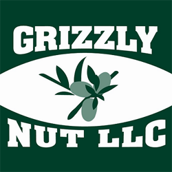 Grizzly Nut LLC logo in dark green with green cluster almond in center with leaves