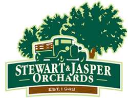 Stewart & Jasper Orchards Est. 1948 logo with green truck and trees behind it