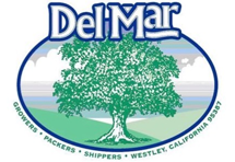 Del Mar Growers logo with Growers, Packers, Shippers, Westley, California 95387 description below dark blue outlined circle with green trees and nature in background inside circle