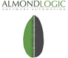 Almond Logic Software Automation logo with almond illustration underneath split into two colours green and grey with white line down middle