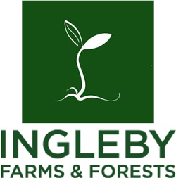 Ingleby Farms & Forests logo with dark green box with outline of plant sprouting from ground