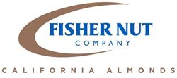 Fisher Nut Company California Almonds logo with gold half crescent circle around blue text