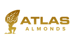 ATLAS ALMONDS logo with golden man carrying giant golden almond