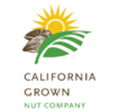 California Grown Nut Company logo in brown and green with leaf and ground/dirt with yellow sun over it