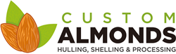 Custom Almonds Hulling, Shelling & Processing logo with two brown almond illustration to the left with green leaves behind it