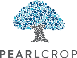 PearlCrop logo with dotted tree in shades of brown for the trunk and shades of blue for the leaves up top