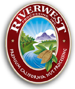 RiverWest Processing, Inc. Premium California Nut Processing badge with nature blue skies forest mountains stream of water and almond nut cluster with leaves to the right