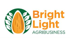 Bright Light Agribusiness logo in yellow and green with large almond icon next to it inside green circle with outlines of leaves coming from sides of almond