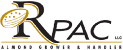 RPAC LLC Almond Grower & Handler with gold and black letters with outline of almond illustration to the left