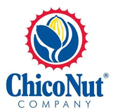 ChicoNut Company logo in blue with red circle with sun rays with blue outline of almond nut plant in center