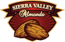 Sierra Valley Almonds logo with dark red banner and illustration of two almonds