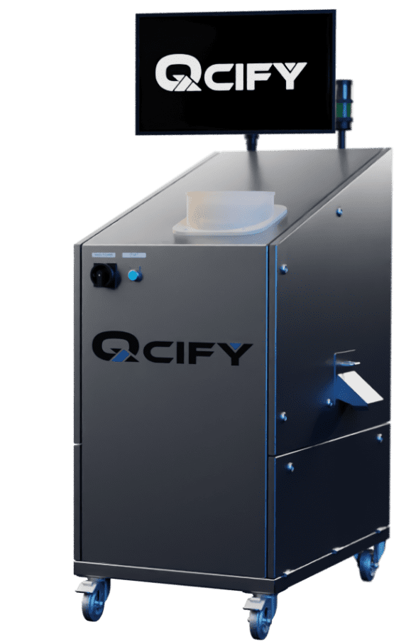 Front view of QCIFY grey metal Quality Inspection System on wheels with QCIFY logo on monitor on top next to signal lights